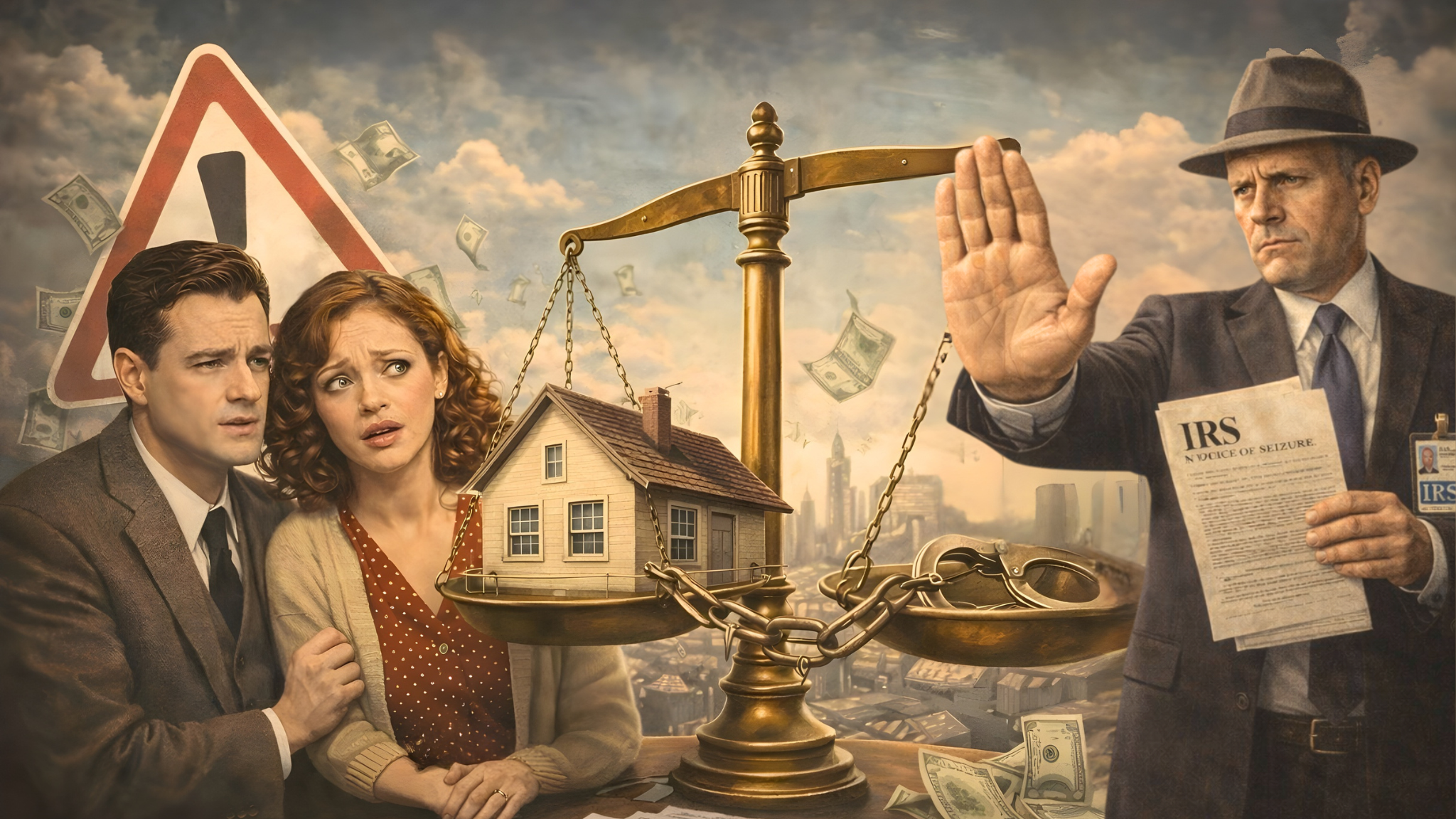 IRS tax debt warning scene showing couple facing potential seizure of jointly owned property by the IRS